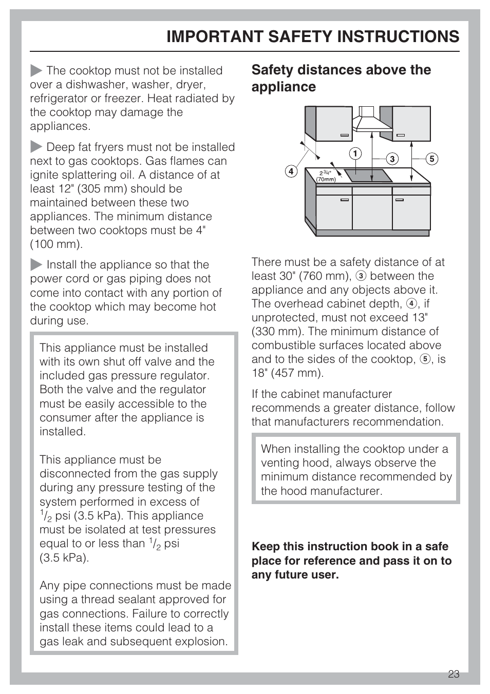 Important safety instructions, Safety distances above the appliance | Miele KM 3464 User Manual | Page 23 / 40