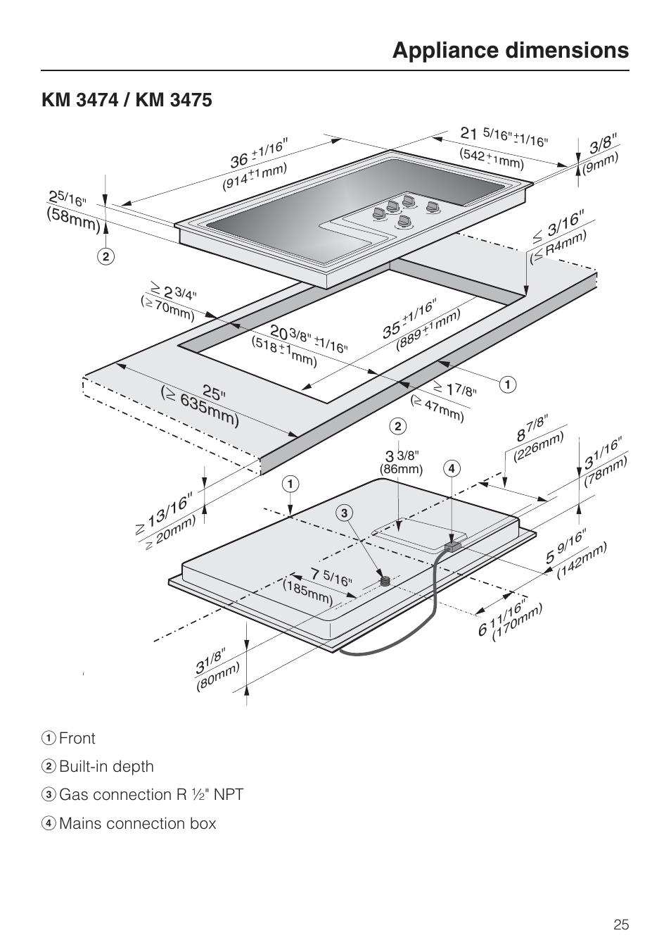Km 3474 / km 3475 25, Appliance dimensions | Miele KM 3464 User Manual | Page 25 / 40