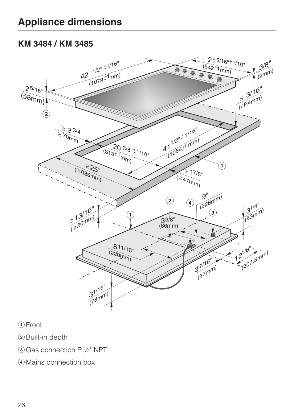 Km 3484 / km 3485 26, Appliance dimensions, Dc b | Miele KM 3464 User Manual | Page 26 / 40