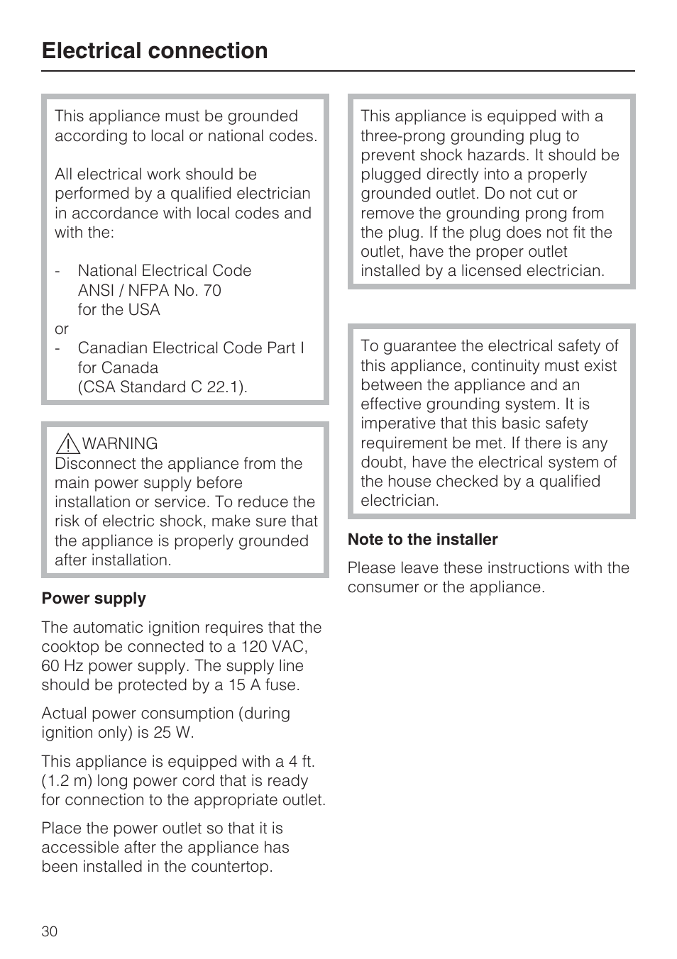 Electrical connection 30, Electrical connection | Miele KM 3464 User Manual | Page 30 / 40