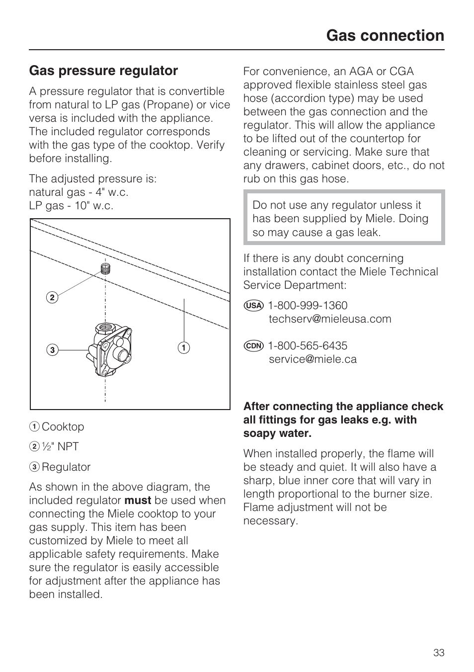 Gas pressure regulator 33, Gas connection, Gas pressure regulator | Miele KM 3464 User Manual | Page 33 / 40