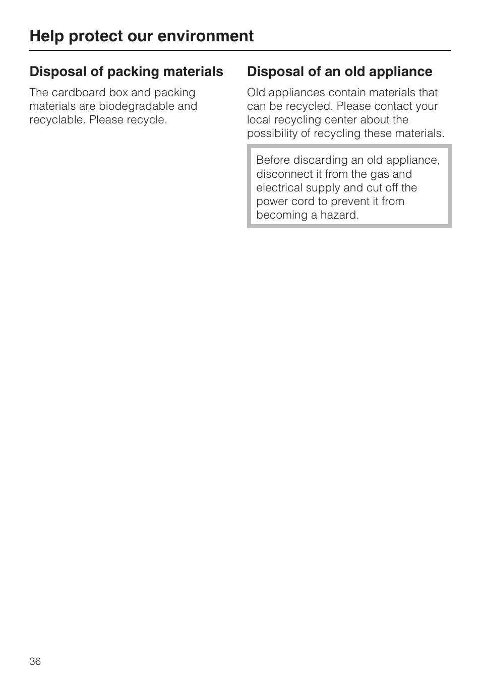 Help protect our environment 36, Help protect our environment | Miele KM 3464 User Manual | Page 36 / 40