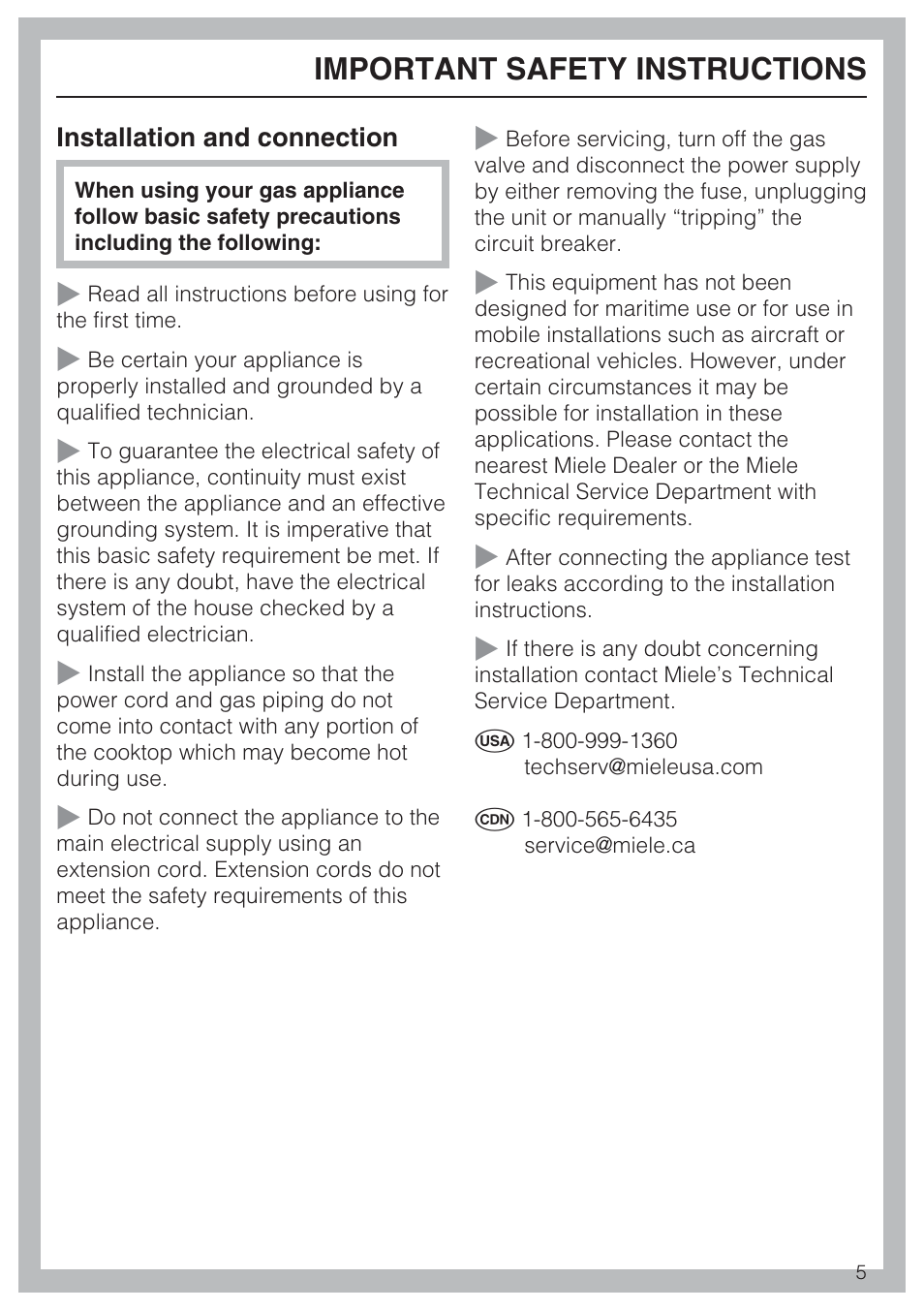Important safety instructions 5, Important safety instructions | Miele KM 3464 User Manual | Page 5 / 40