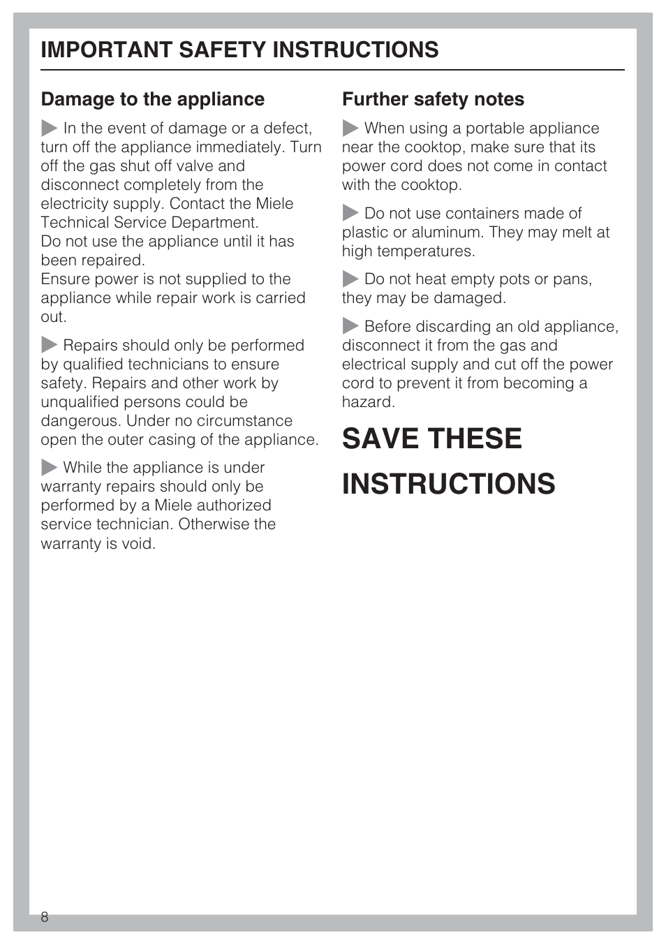 Save these instructions, Important safety instructions | Miele KM 3464 User Manual | Page 8 / 40
