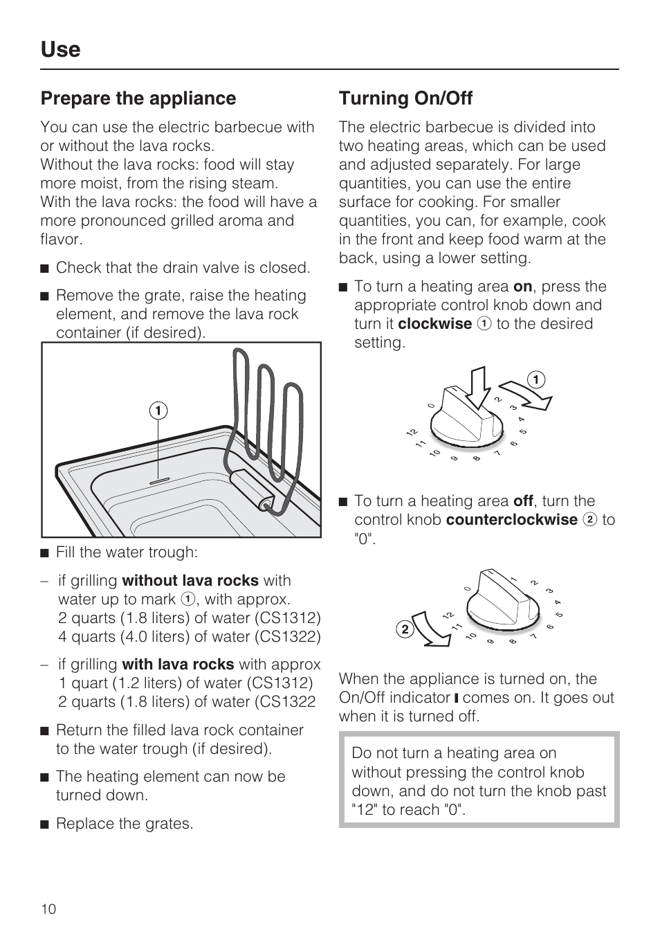 Use 10, Prepare the appliance 10, Turning on/off 10 | Prepare the appliance, Turning on/off | Miele CS1322 User Manual | Page 10 / 40