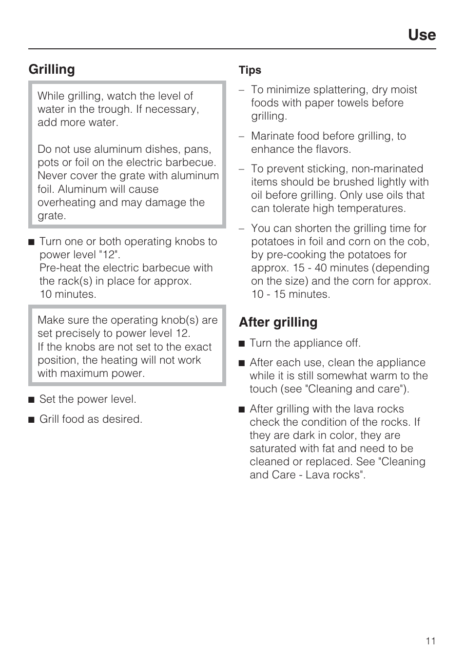 Grilling 11, After grilling 11, Grilling | After grilling | Miele CS1322 User Manual | Page 11 / 40