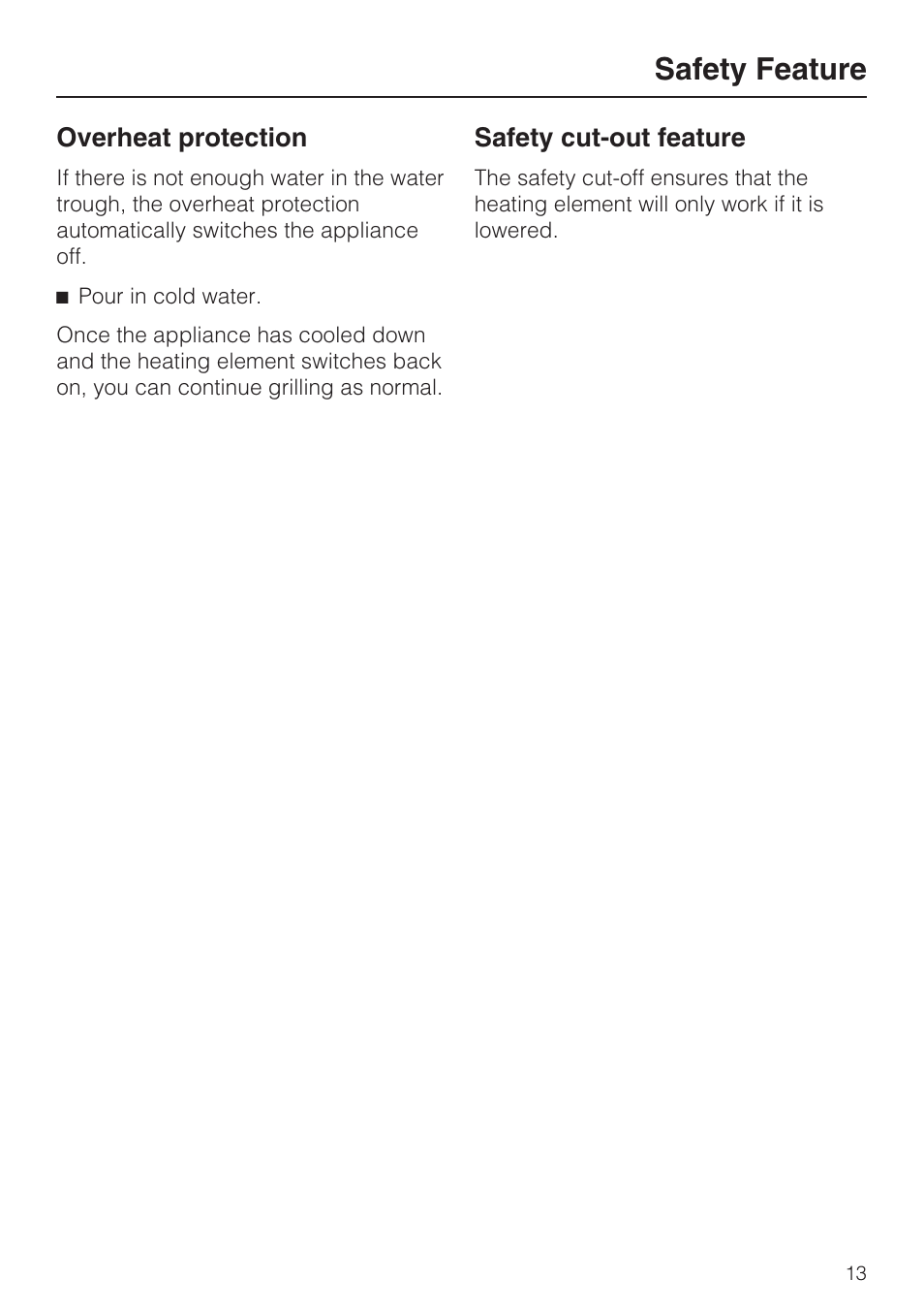 Safety feature 13, Overheat protection 13, Safety cut-out feature 13 | Safety feature | Miele CS1322 User Manual | Page 13 / 40