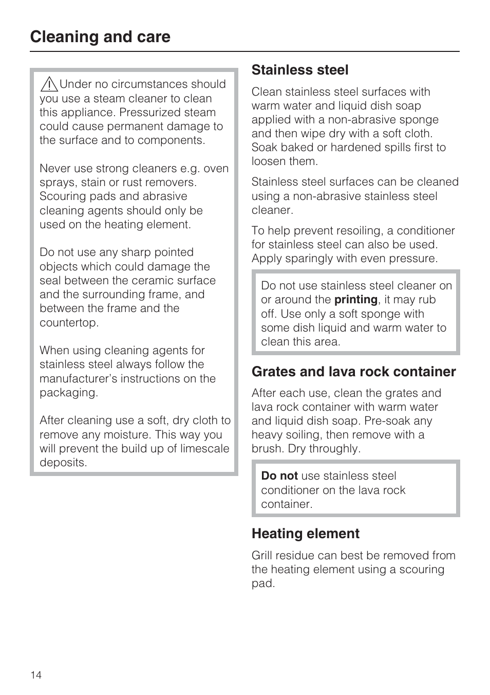 Cleaning and care 14, Cleaning and care | Miele CS1322 User Manual | Page 14 / 40