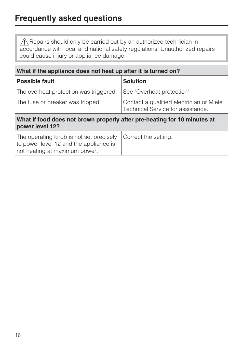 Frequently asked questions 16, Frequently asked questions | Miele CS1322 User Manual | Page 16 / 40