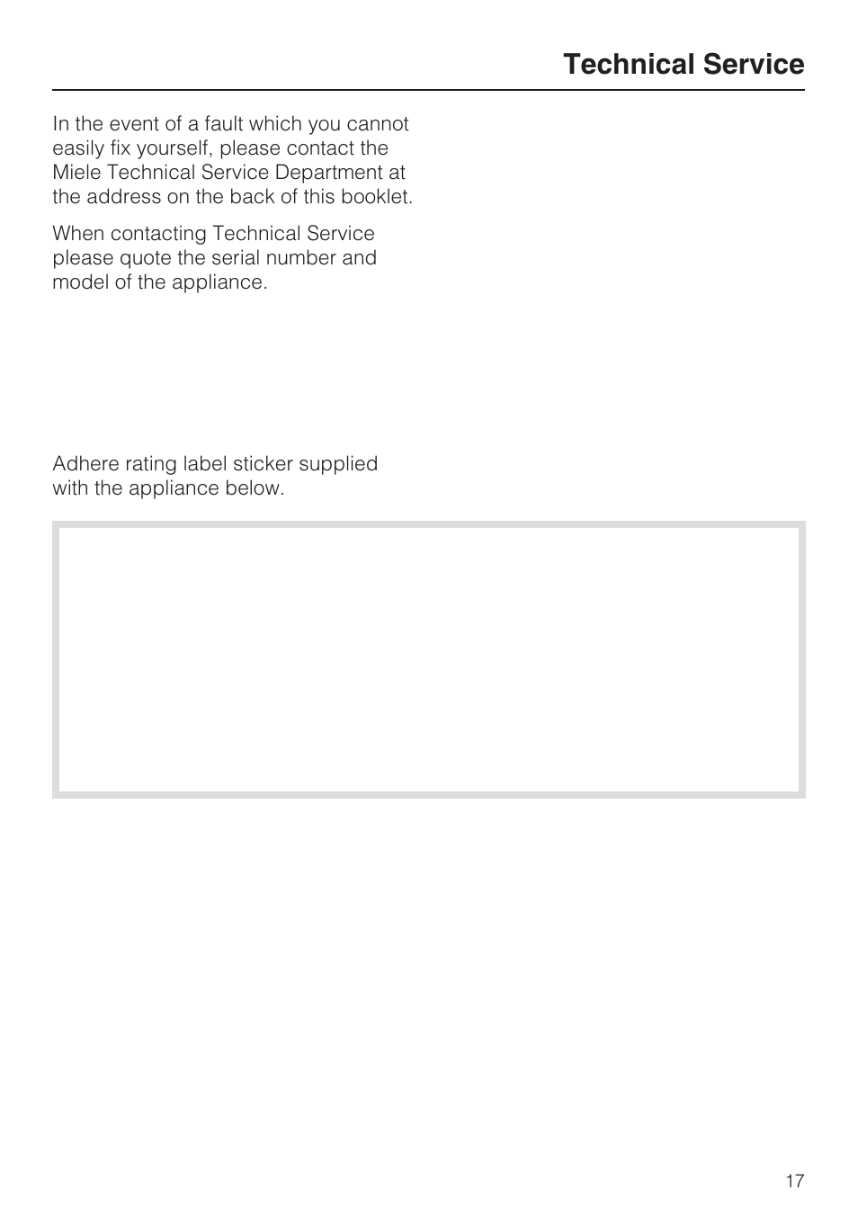 Technical service 17, Technical service | Miele CS1322 User Manual | Page 17 / 40