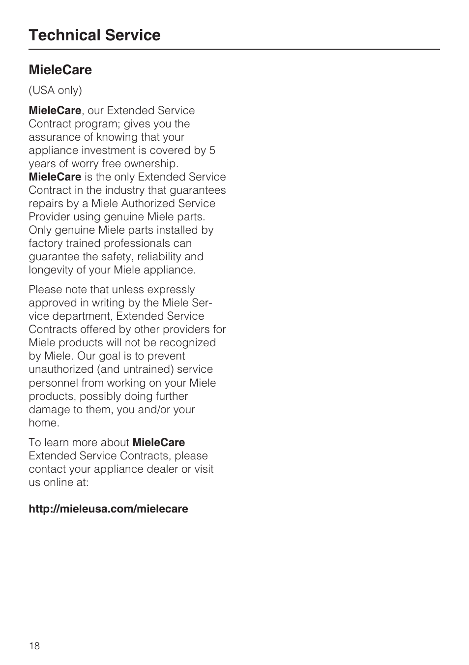 Technical service, Mielecare | Miele CS1322 User Manual | Page 18 / 40