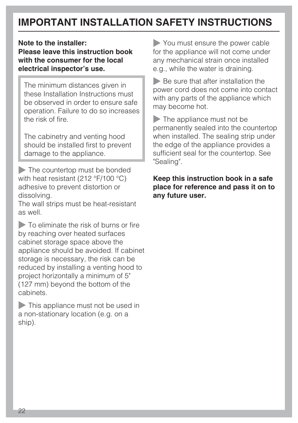 Important installation safety instructions 22, Important installation safety instructions | Miele CS1322 User Manual | Page 22 / 40