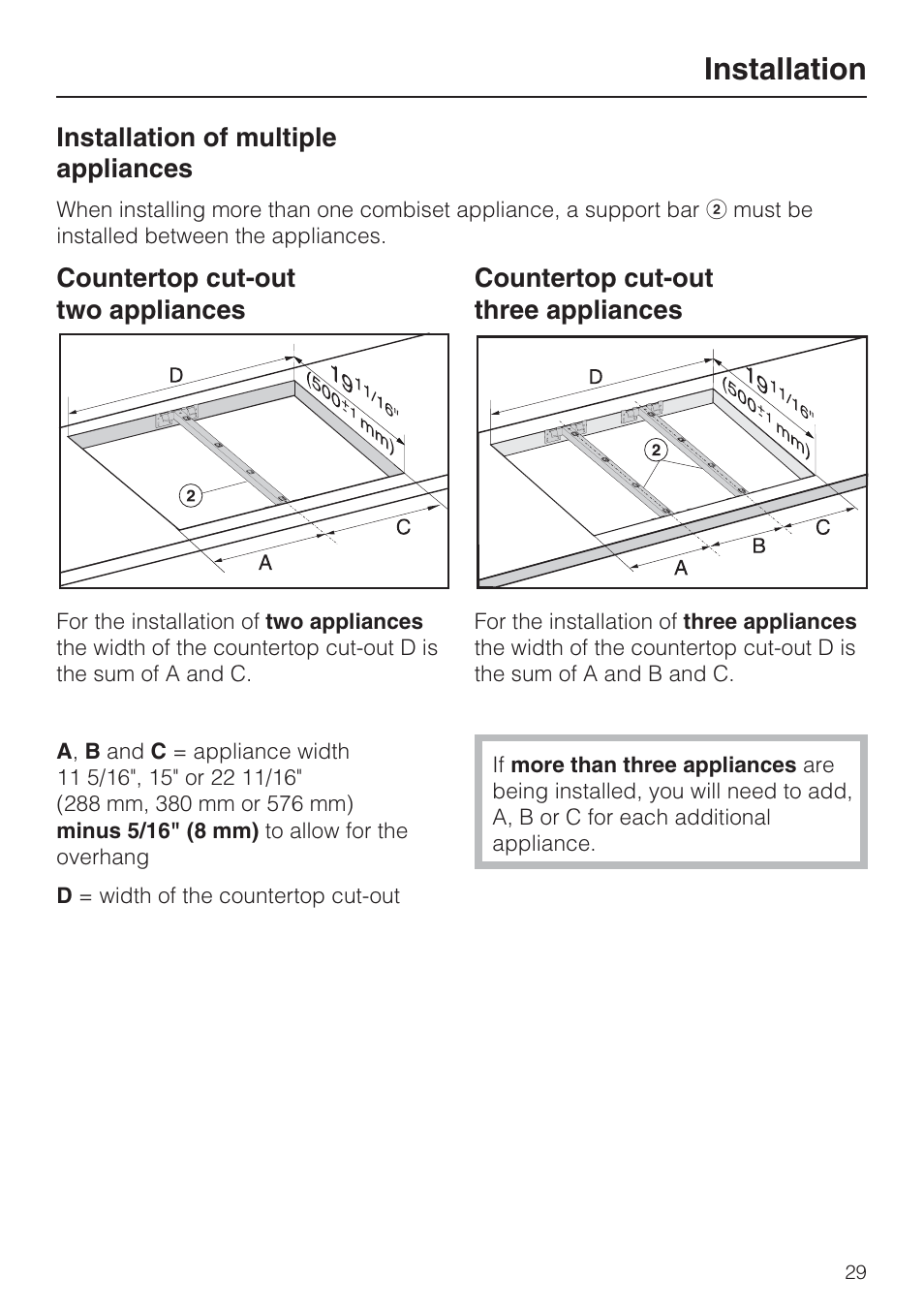 Installation of multiple appliances 29, Installation | Miele CS1322 User Manual | Page 29 / 40