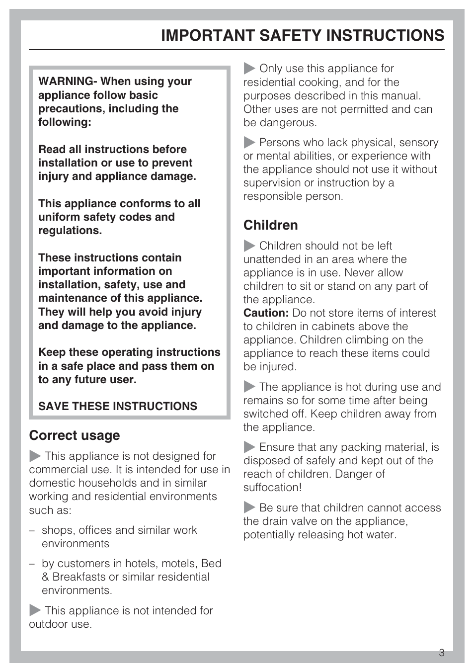 Important safety instructions 3, Important safety instructions | Miele CS1322 User Manual | Page 3 / 40