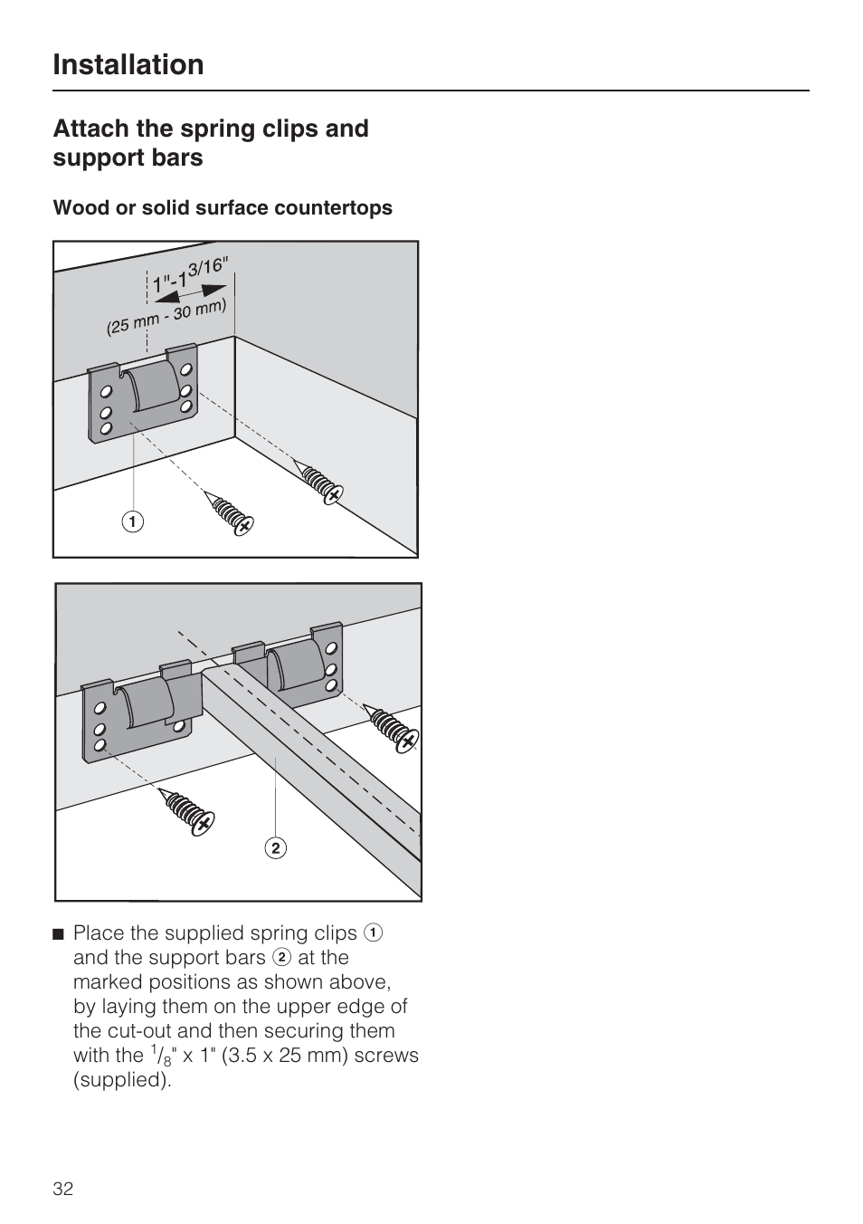 Attach the spring clips and support bars 32, Installation, Attach the spring clips and support bars | Miele CS1322 User Manual | Page 32 / 40