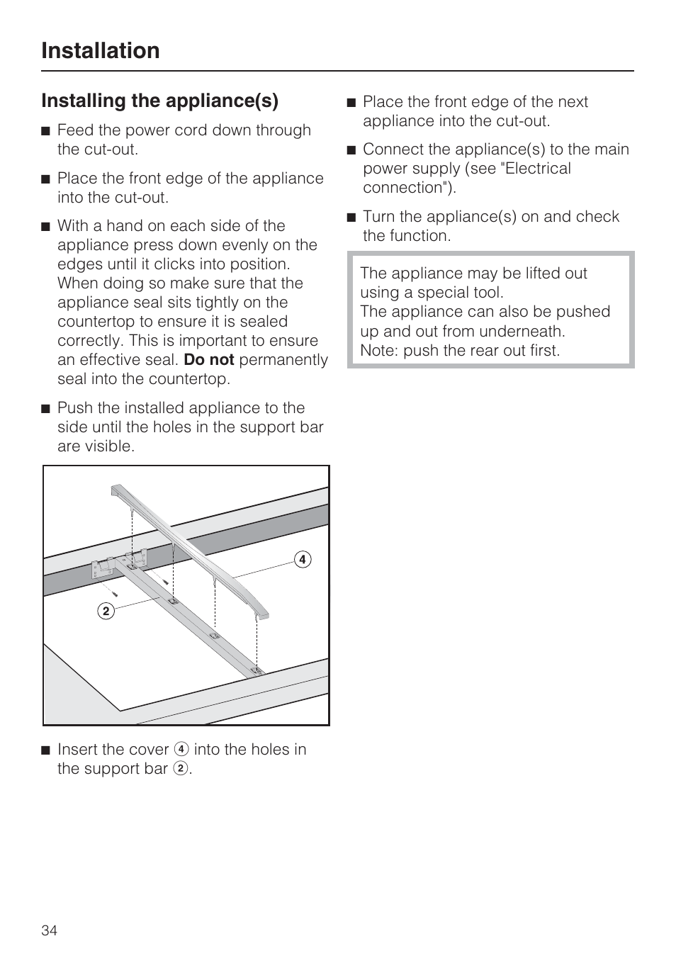 Installation, Installing the appliance(s) | Miele CS1322 User Manual | Page 34 / 40