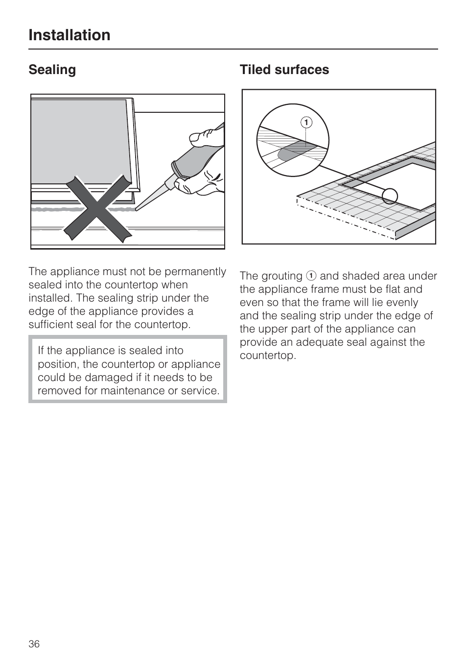 Sealing 36, Tiled surfaces 36, Installation | Miele CS1322 User Manual | Page 36 / 40