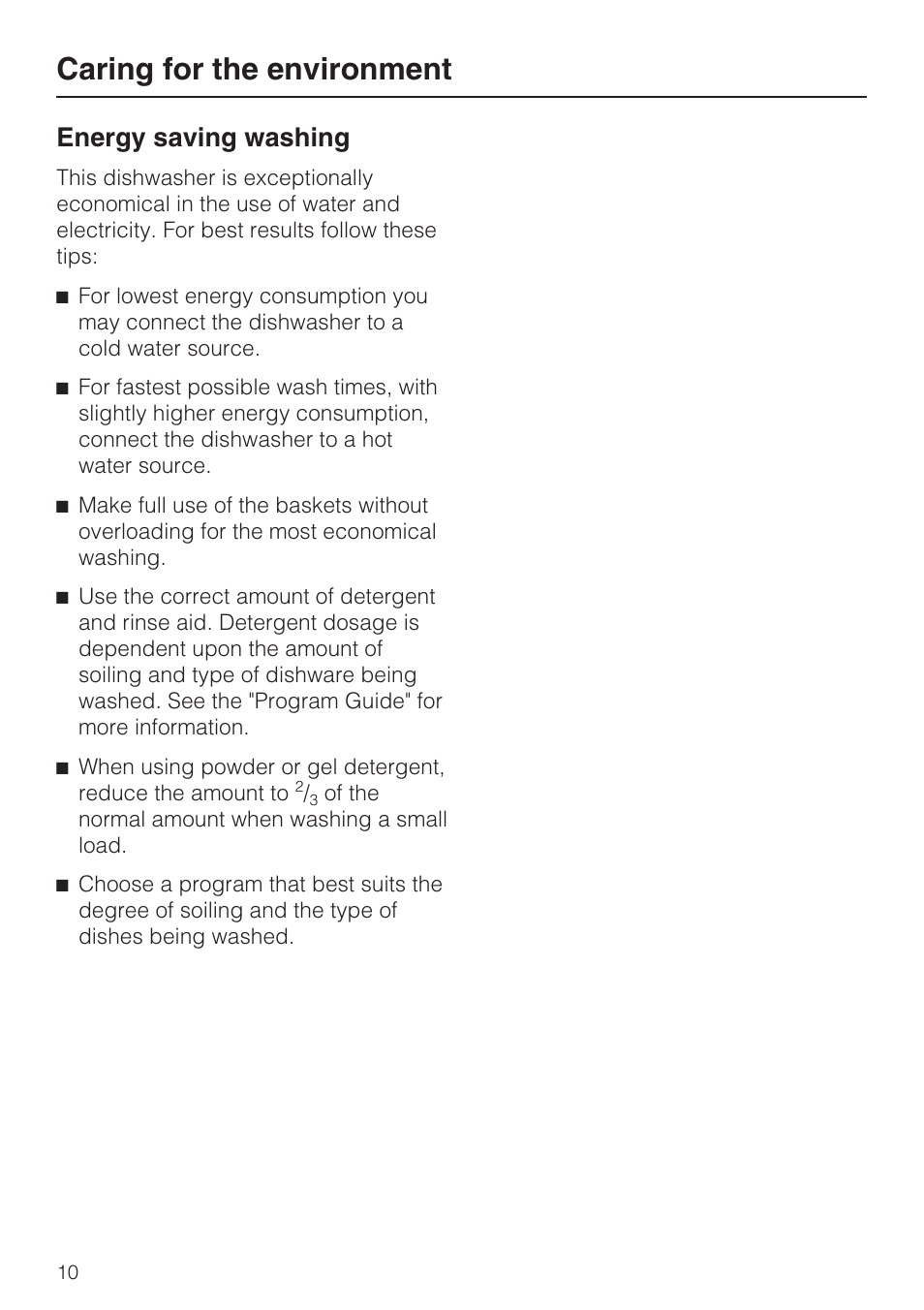 Caring for the environment 10, Caring for the environment, Energy saving washing | Miele G 5795 User Manual | Page 10 / 84