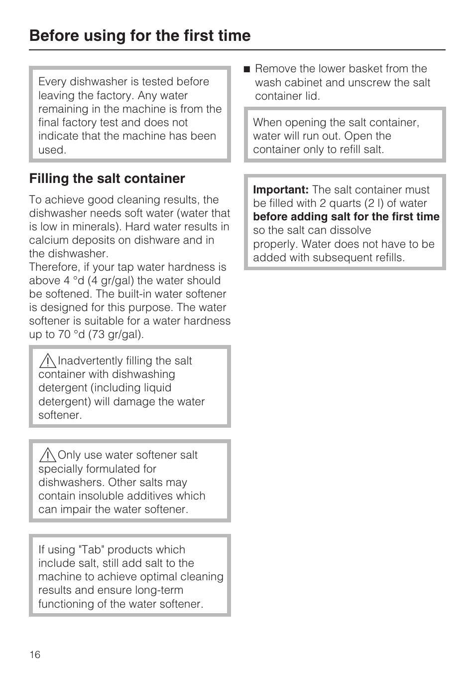 Filling the salt container 16, Before using for the first time | Miele G 5795 User Manual | Page 16 / 84