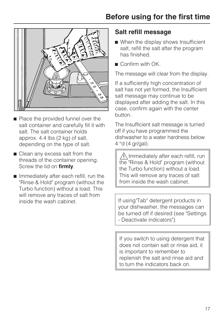 Salt refill message 17, Before using for the first time, Salt refill message | Miele G 5795 User Manual | Page 17 / 84