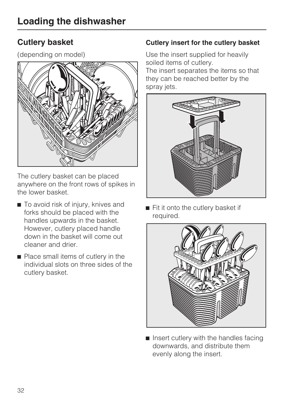 Loading the dishwasher, Cutlery basket | Miele G 5795 User Manual | Page 32 / 84