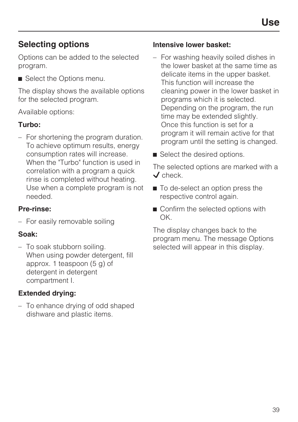 Selecting options 39, Selecting options | Miele G 5795 User Manual | Page 39 / 84