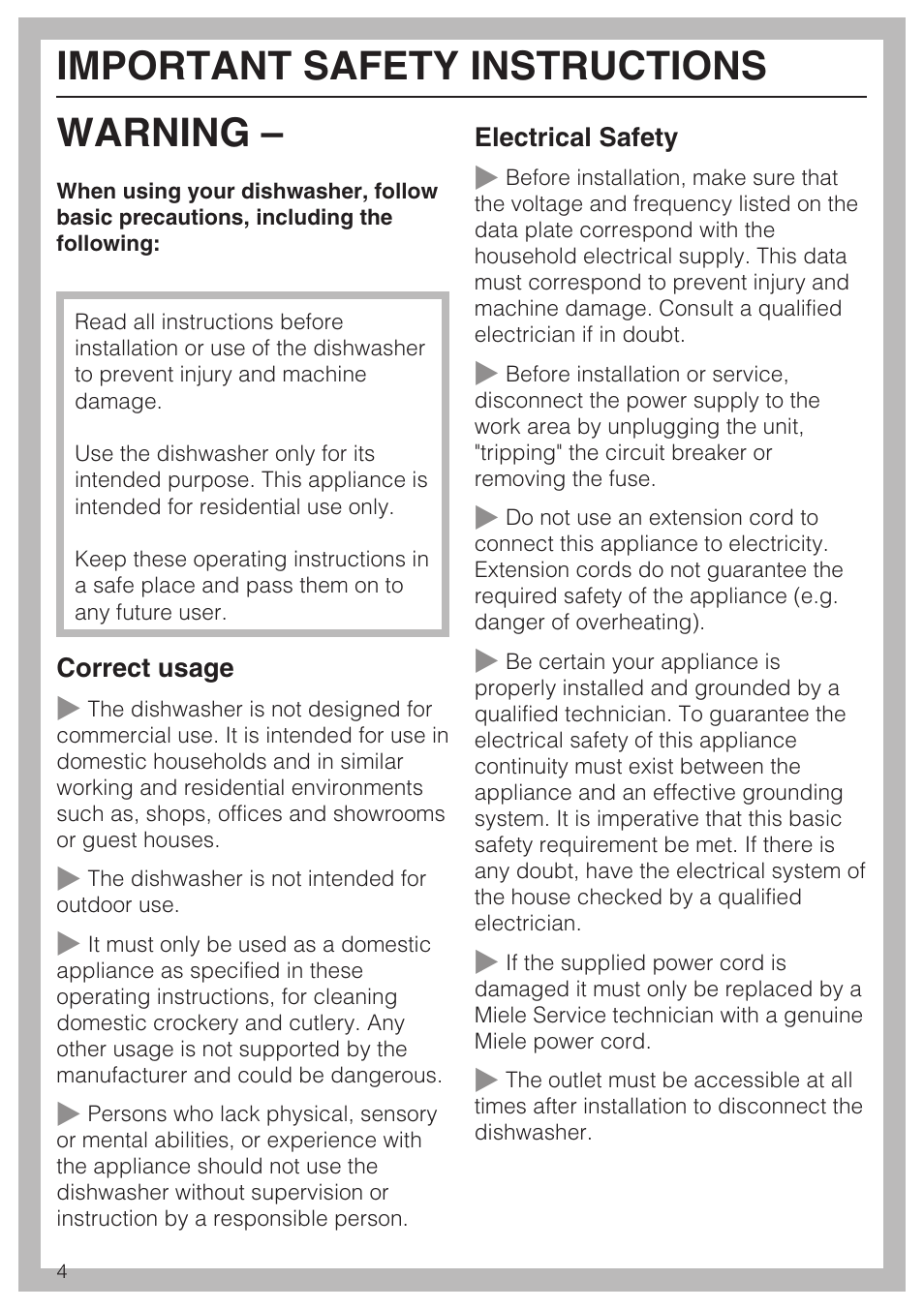 Important safety instructions 4, Warning, Important safety instructions | Miele G 5795 User Manual | Page 4 / 84