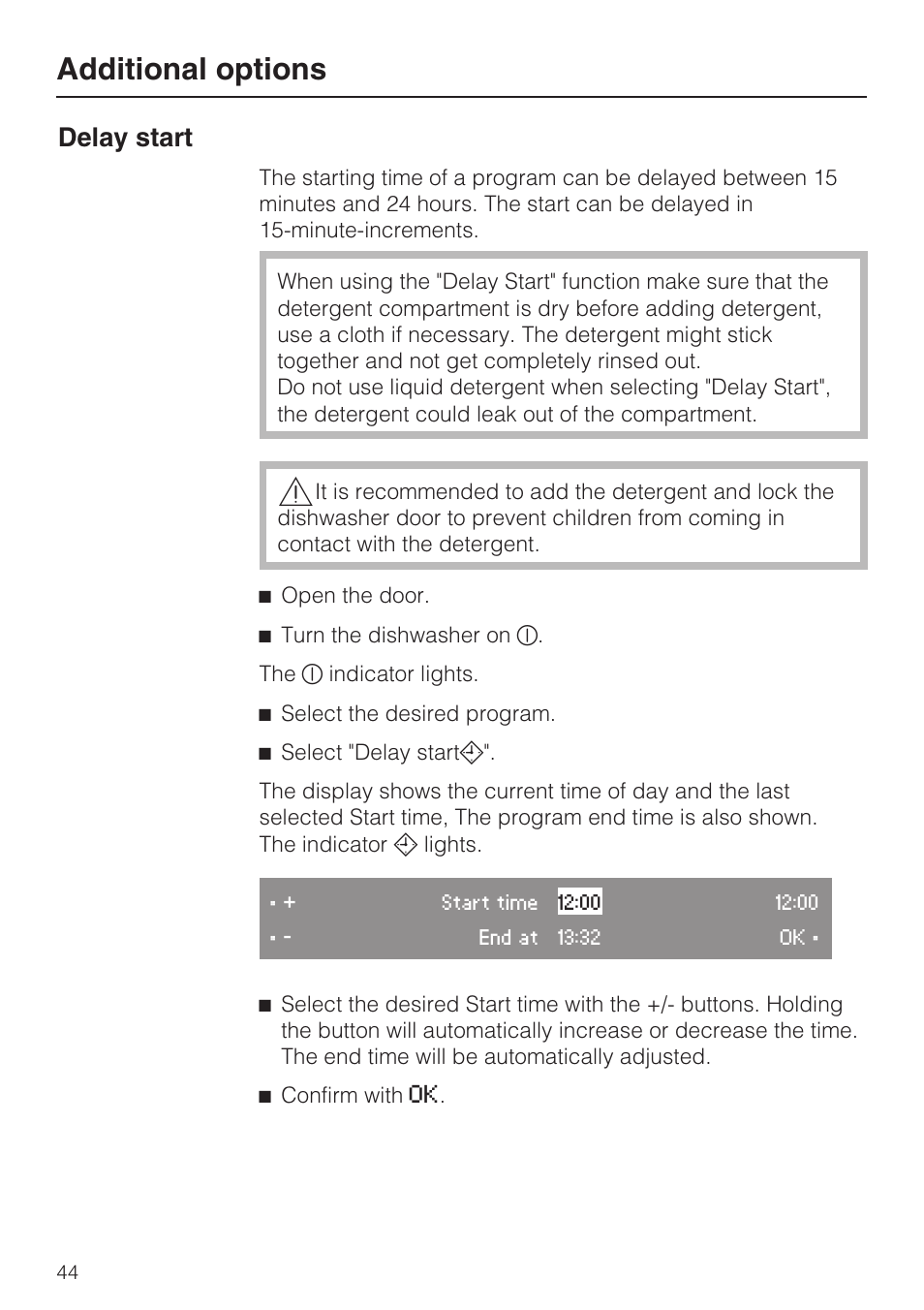 Additional options 44, Delay start 44, Additional options | Delay start | Miele G 5795 User Manual | Page 44 / 84