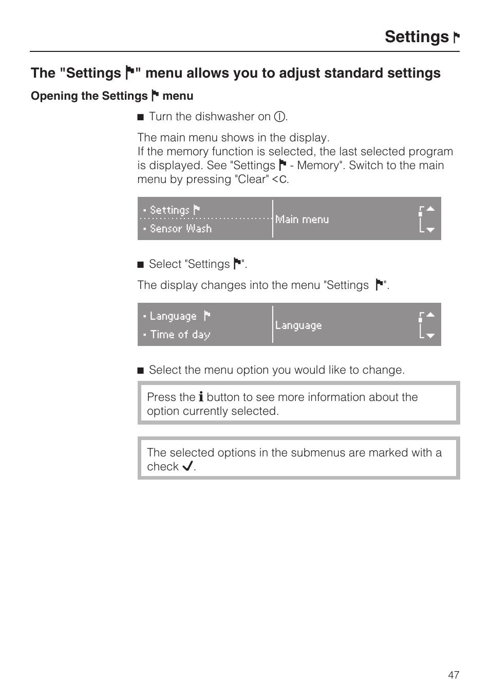 Settings ! 47, Settings | Miele G 5795 User Manual | Page 47 / 84