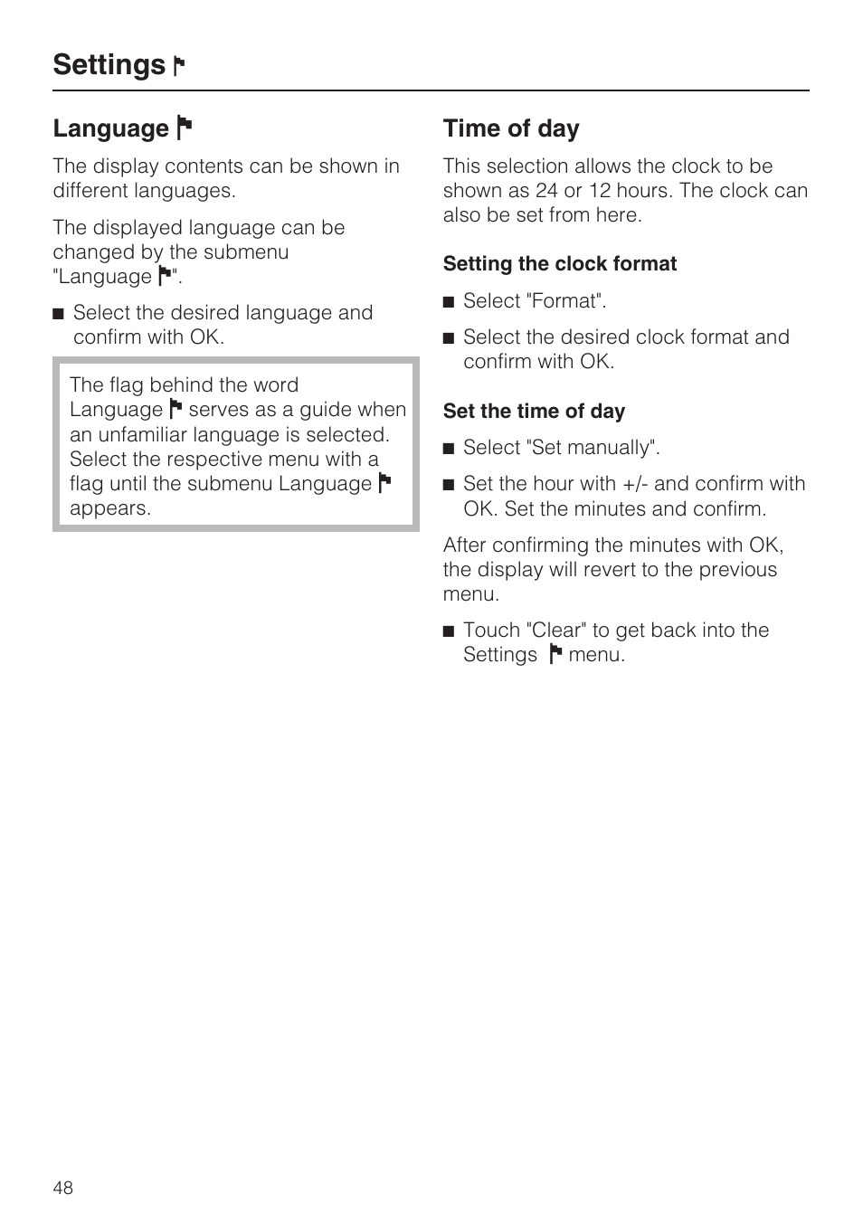 Settings, Language j, Time of day | Miele G 5795 User Manual | Page 48 / 84