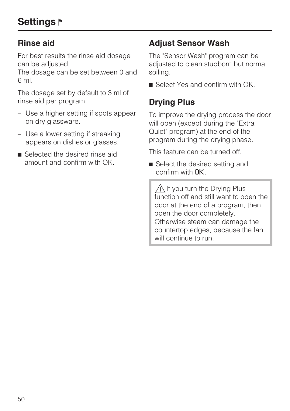 Drying plus 50, Settings, Rinse aid | Adjust sensor wash, Drying plus | Miele G 5795 User Manual | Page 50 / 84