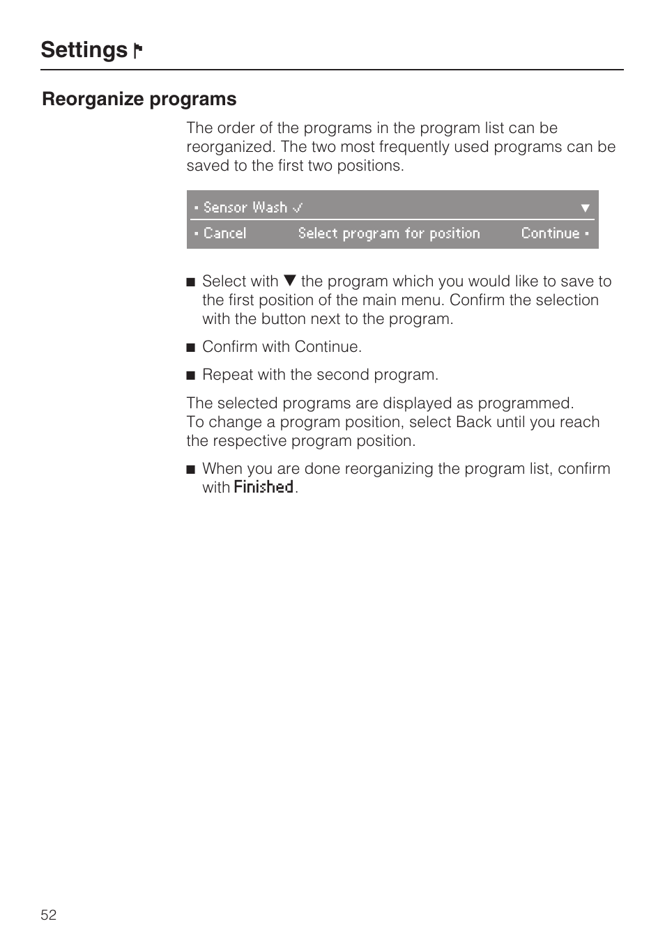 Reorganize programs 52, Settings, Reorganize programs | Miele G 5795 User Manual | Page 52 / 84