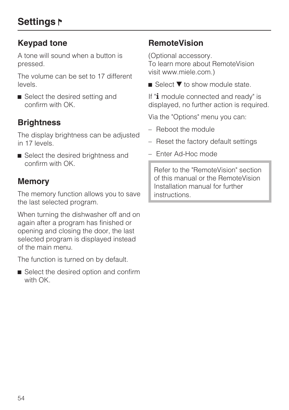 Keypad tone 54, Brightness 54, Memory 54 | Settings, Keypad tone, Brightness, Remotevision | Miele G 5795 User Manual | Page 54 / 84