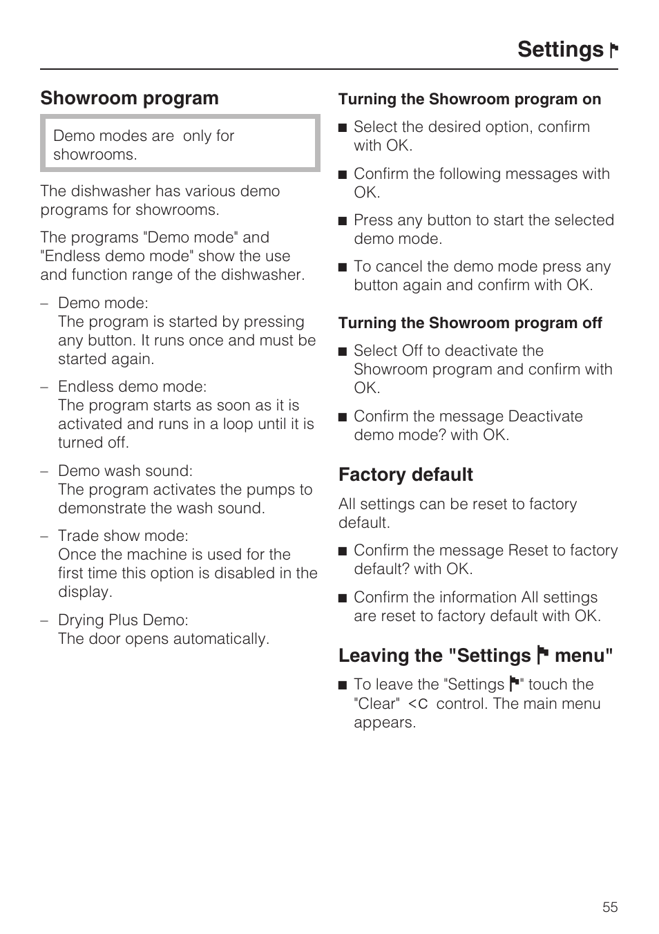 Factory default 55, Settings, Showroom program | Factory default, Leaving the "settings j menu | Miele G 5795 User Manual | Page 55 / 84