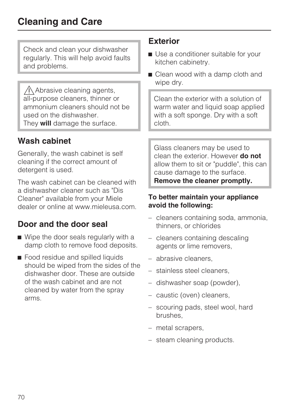 Cleaning and care 70, Cleaning and care, Wash cabinet | Door and the door seal, Exterior | Miele G 5795 User Manual | Page 70 / 84