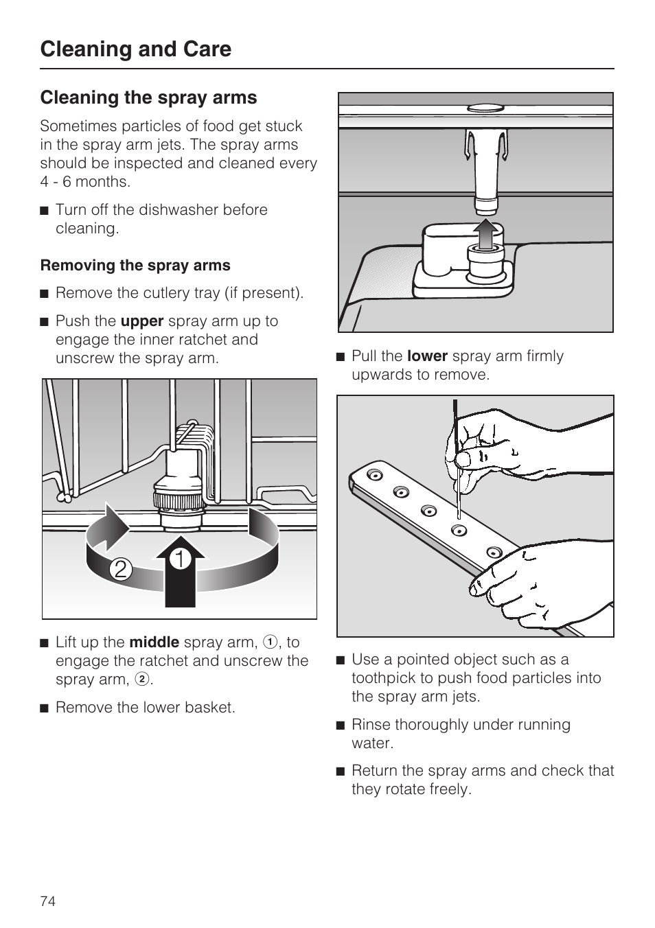 Cleaning and care, Cleaning the spray arms | Miele G 5795 User Manual | Page 74 / 84