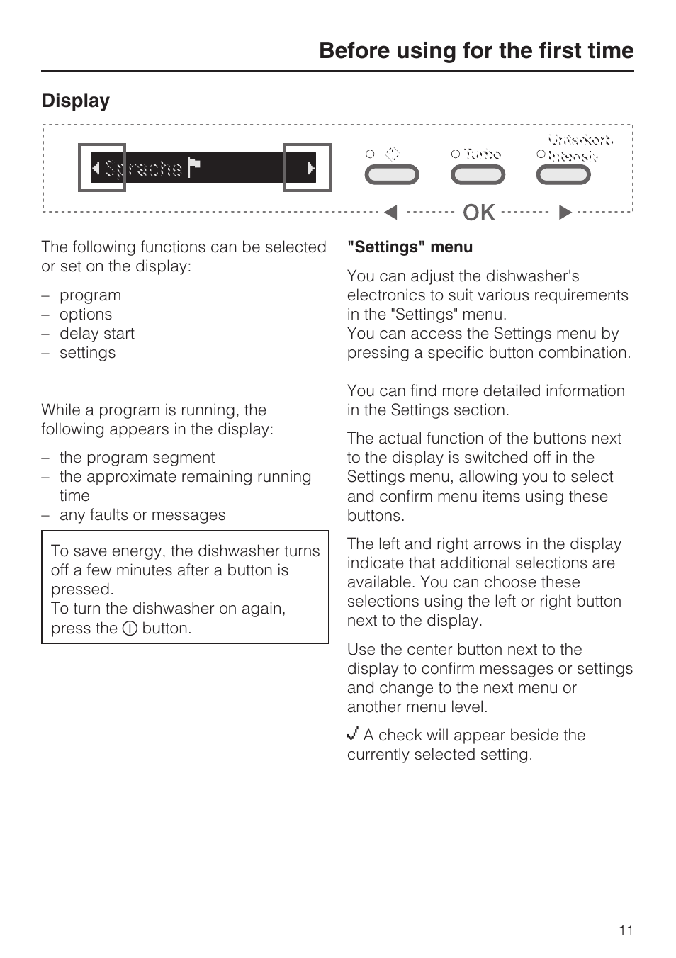 Display 11, Before using for the first time, Display | Miele G 5575 User Manual | Page 11 / 72
