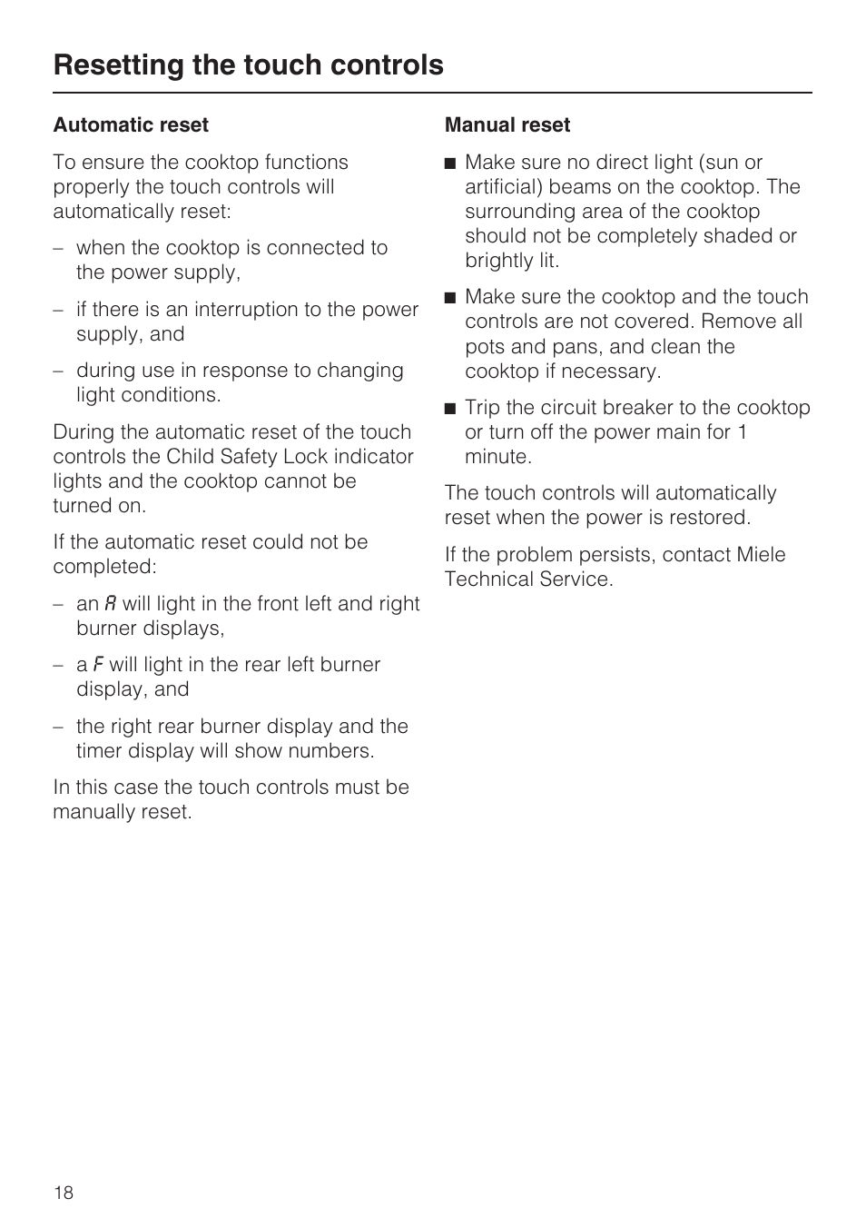 Resetting the touch controls 18, Resetting the touch controls | Miele KM5773 User Manual | Page 18 / 52