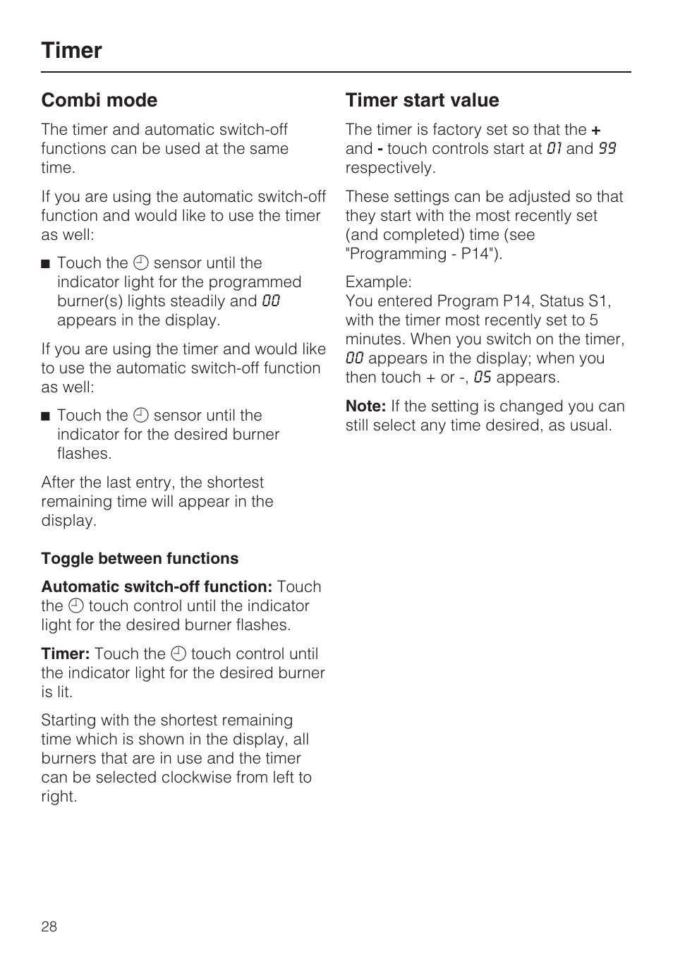 Combi mode 28, Timer start value 28, Timer | Combi mode, Timer start value | Miele KM5773 User Manual | Page 28 / 52