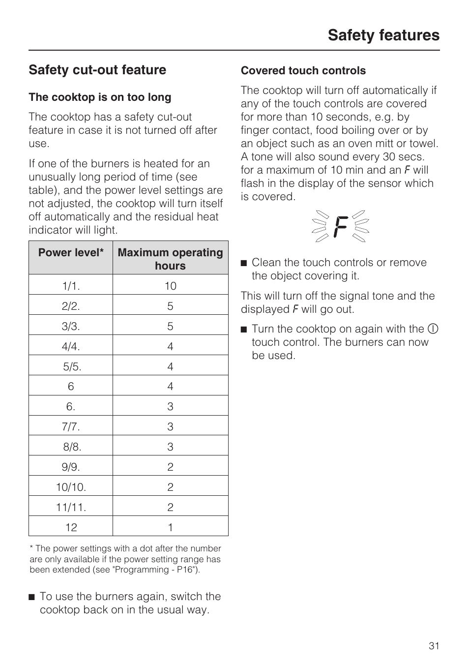 Safety cut-out feature 31, Safety features, Safety cut-out feature | Miele KM5773 User Manual | Page 31 / 52
