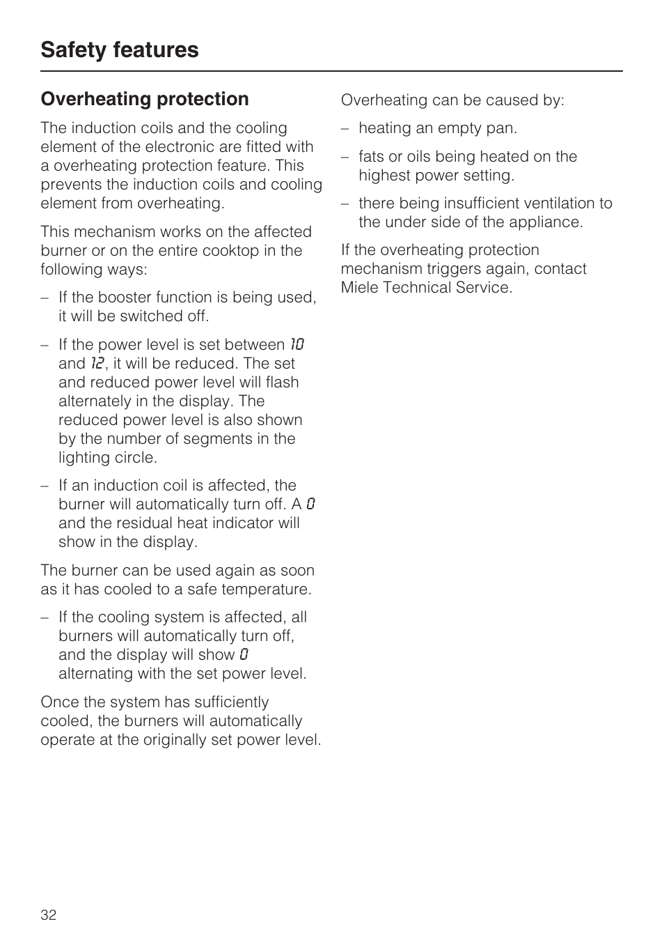Overheating protection 32, Safety features, Overheating protection | Miele KM5773 User Manual | Page 32 / 52