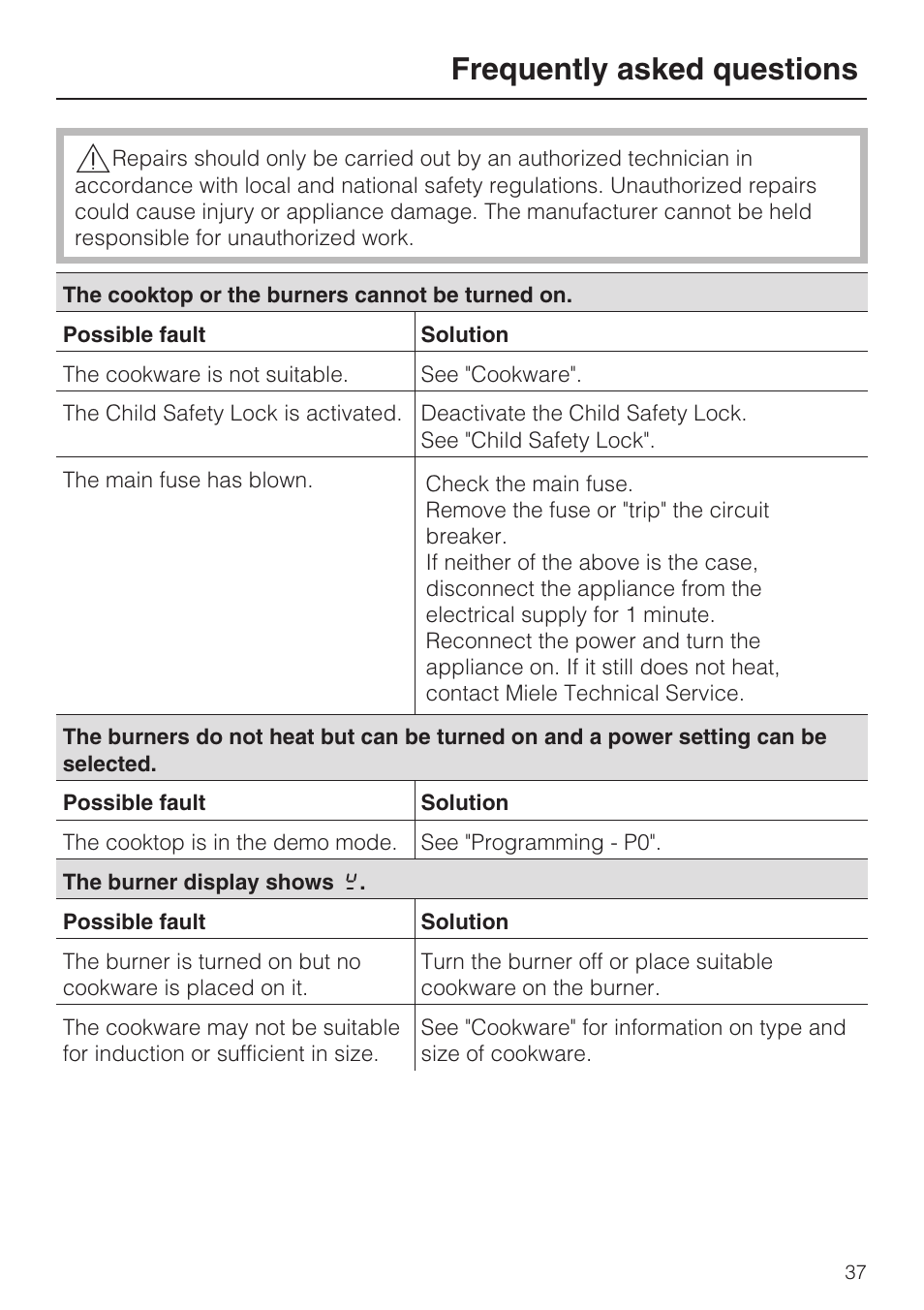 Frequently asked questions 37, Frequently asked questions | Miele KM5773 User Manual | Page 37 / 52