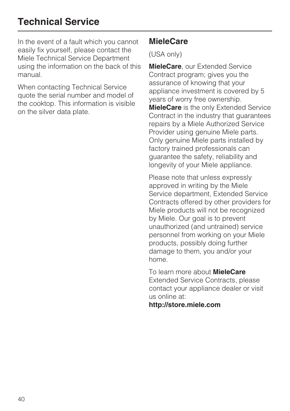 Technical service 40, Technical service, Mielecare | Miele KM5773 User Manual | Page 40 / 52