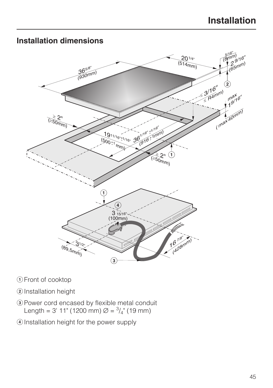 Installation dimensions 45, Installation, Installation dimensions | 19 mm) d installation height for the power supply | Miele KM5773 User Manual | Page 45 / 52