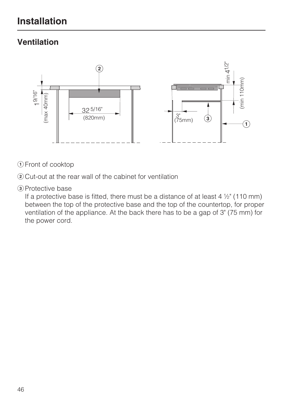 Ventilation 46, Installation, Ventilation | Miele KM5773 User Manual | Page 46 / 52