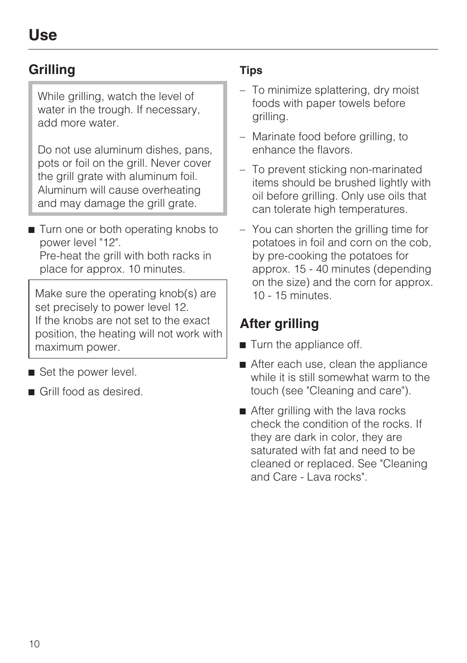 Grilling 10, After grilling 10, Grilling | After grilling | Miele ELECTRIC BARBECUE CS 1322 User Manual | Page 10 / 36