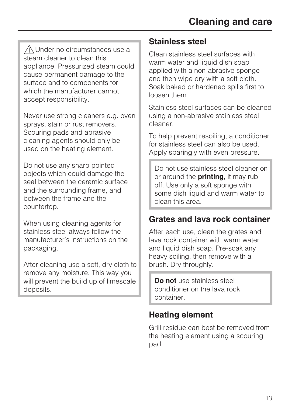 Cleaning and care 13, Cleaning and care | Miele ELECTRIC BARBECUE CS 1322 User Manual | Page 13 / 36