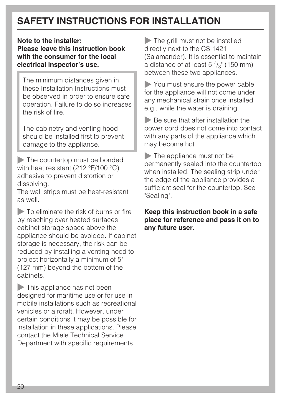 Safety instructions for installation 20, Safety instructions for installation | Miele ELECTRIC BARBECUE CS 1322 User Manual | Page 20 / 36