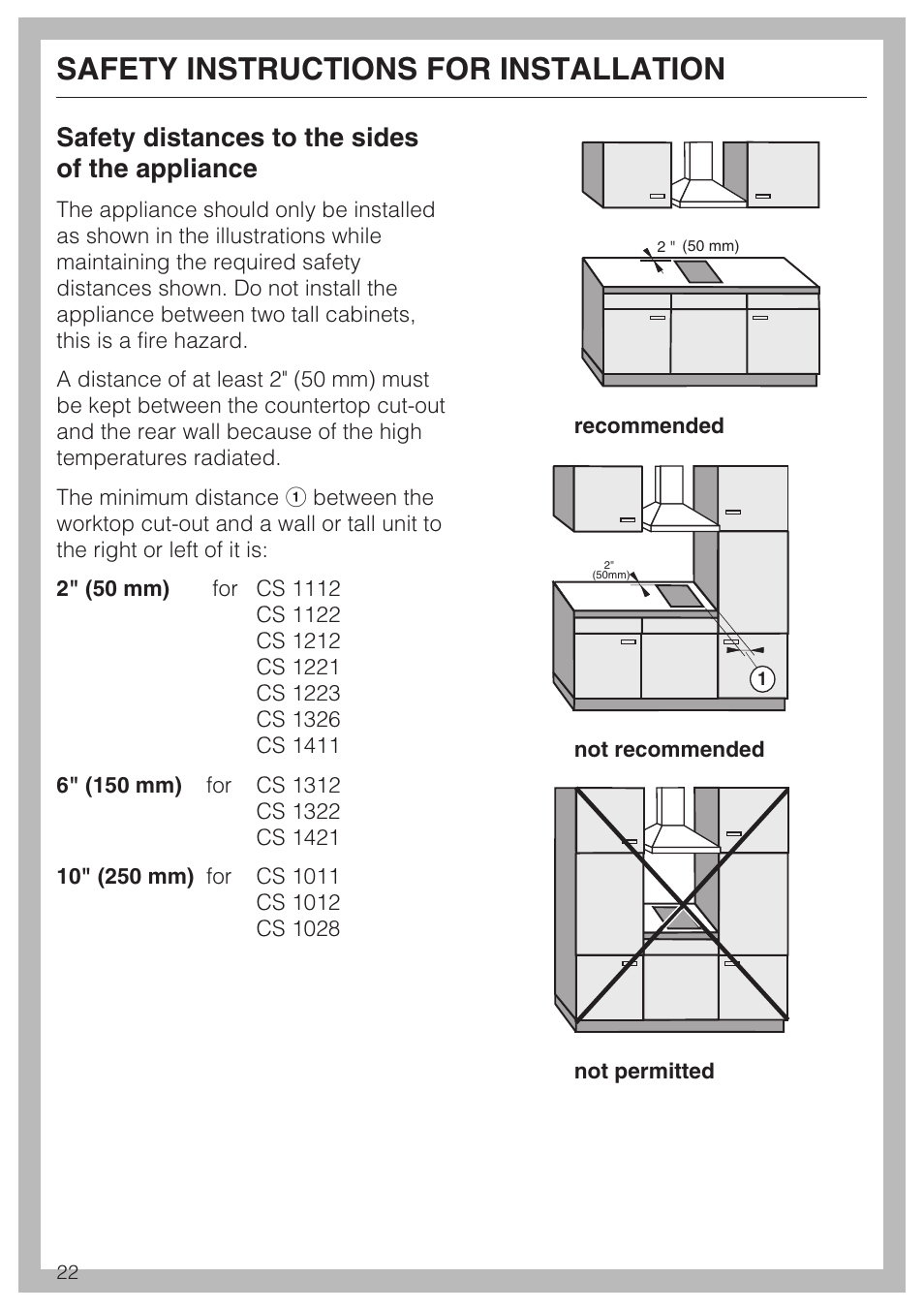 Safety instructions for installation, Safety distances to the sides of the appliance | Miele ELECTRIC BARBECUE CS 1322 User Manual | Page 22 / 36