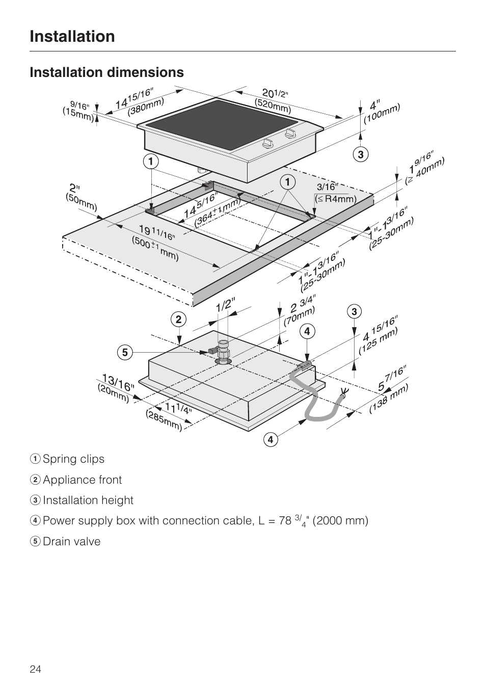 Installation dimensions 24, Installation, Installation dimensions | Miele ELECTRIC BARBECUE CS 1322 User Manual | Page 24 / 36